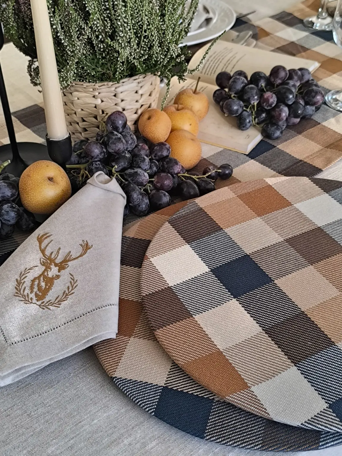 Detalhe do tartan azul e do guardanapo bordado Alce na mesa de Outono