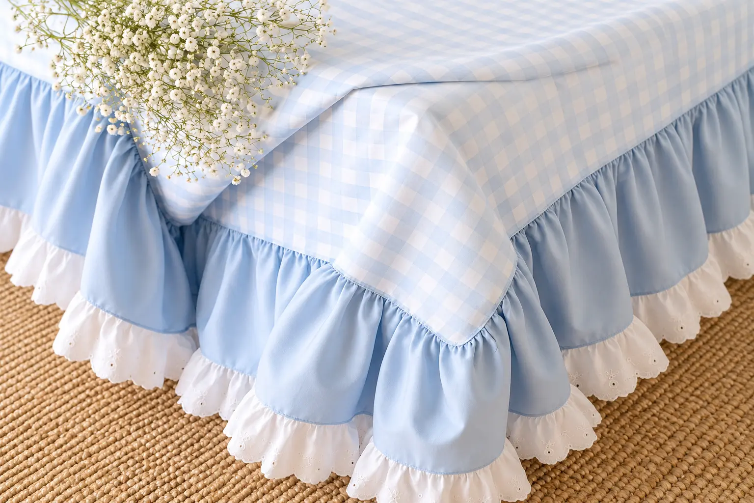 Toalha de mesa Vichy azul e branca com folho, feita por medida